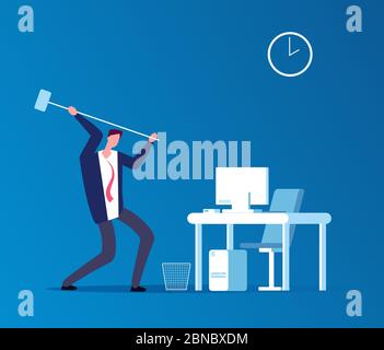 Man stürzt Computer ab. Frustrierte wütende Benutzer mit Hammer Absturz Arbeitsplatz im Büro. Programmprobleme und pc-Fehlervektorkonzept. Manager Absturz Computer, Problem Arbeitsplätze Stock Vektor