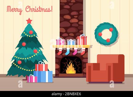 Weihnachtsbaum und Kamin. Wohnzimmer mit Geschenken am Kamin. Frohes neues Jahr und Winter Urlaub Vektor Cartoon Grußkarte. Illustration von Wohnzimmer weihnachten mit Geschenkbox und Kamin Stock Vektor