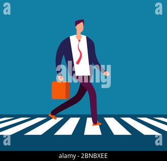 Geschäftsmann läuft über den Fußgängerweg. Mann in Anzug geht zum Büro über die Straße. Business Vector Konzept. Illustration des Geschäftsmannes gehen über den Weg Stock Vektor