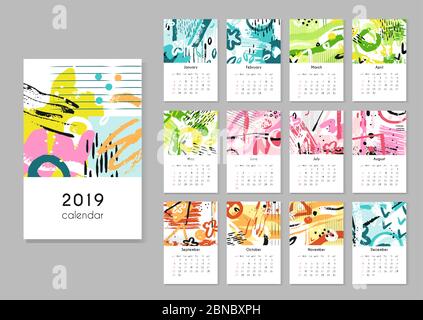 Kalender 2019. Jahreszeiten Collage, abstrakte Malerei moderne kreative druckbare Planer. Vektor-Organizer mit Kalenderraster-Vorlage. Illustration der Kalender Planer Seitensammlung Stock Vektor