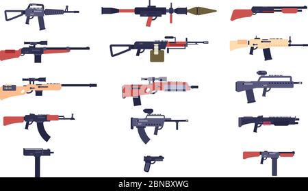 Automatische Pistolen. Kampfspiel Waffen. Pistole, Schrotflinte und Abschussvorrichtung, Gewehre. Cartoon Vektorgewehrsammlung von Heißluftpistole und Handfeuerwaffe, militärische Pistole und Waffe Illustration Stock Vektor