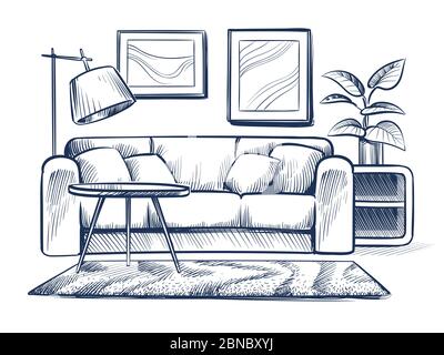 Skizze Wohnzimmer. Doodle Hausinterieur mit Couch, Lampe und Bilderrahmen. Freihand Zeichnung Hause schwarz-weiß Vektor-Interieur. Illustration von Skizzenraum mit Möbeln Interieur Stock Vektor