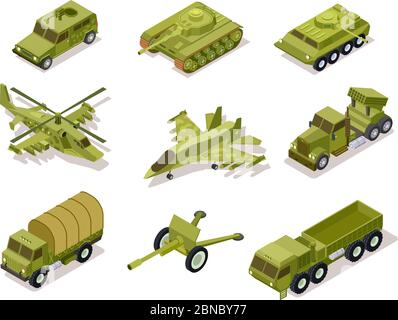 Waffensammlung für Rüstungen. Hubschrauber und Kanonen, Volley-Feuerwehr-System und Infanterie-Kampffahrzeug, Panzer gepanzerten LKW. Isometrischer Vektor. Armee Artillerie, Hubschrauber Militär und Panzer Illustration Stock Vektor