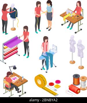 Isometrisches Set für die Nähfabrik. Textilbekleidung Herstellung mit Arbeitern und Maschinen. Industrielle Nähen 3d-Sammlung. Schneiderei und Designer, Schaufensterpuppe und Näherin handgemachte Illustration Stock Vektor