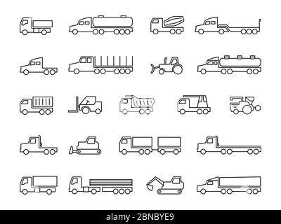 Baumaschinen. LKW, Traktoren, Lieferanhänger, Frachttrukcs, Dumper und schwere Ausrüstung Linien Symbole. Transport Baumaschinen, LKW und LKW-Transport. Vektorgrafik Stock Vektor