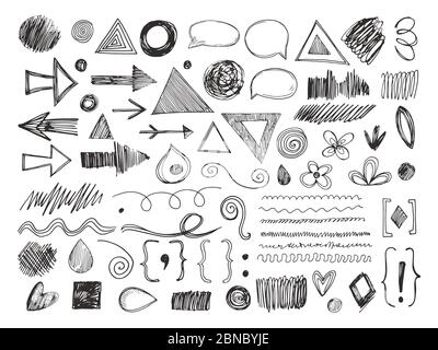 Formen kritzeln. Bleistiftpfeile, handgezeichnete Texturen und Sprechblasen. Skizzenrahmen und Marken isolierter Vektorsatz. Illustration von Doodle Zeichnung skizzenhaft, Hand-gezeichnet Blase und Zeiger Stock Vektor