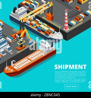 Isometrisches 3d-Seehafenterminal mit Frachtschiffen, Kräne und Containern. Vektorkonzept der Schifffahrt. Seehafen mit Containerschiff, Frachtschiff und Dock Illustration Stock Vektor