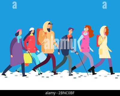 Menschen in Winterkleidung. Cartoon Mann und Frau, Jugendliche zu Fuß in der kalten Jahreszeit. Vektor Illustration Winter Hintergrund Stock Vektor