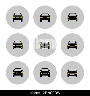 Vorderansicht Autos Symbol mit gelben Lichter isoliert auf weiß. Vektorgrafik Stock Vektor