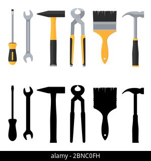 Reparatur und Konstruktion Vektor-Tools Symbole gesetzt. Abbildung von Reparaturwerkzeugen, Zangen und Schraubenschlüssel, Bürste und Hammer Stock Vektor