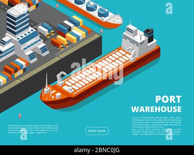 Seetransport horizontale Seefracht und Schifffahrt Hintergrund mit isometrischen Seehafen, Schiffe, Container. Vektorgrafik Stock Vektor