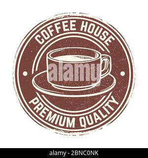Rundes Banner mit Kaffeetasse mit Grunge-Effekt isoliert auf weiß. Vektorgrafik Stock Vektor