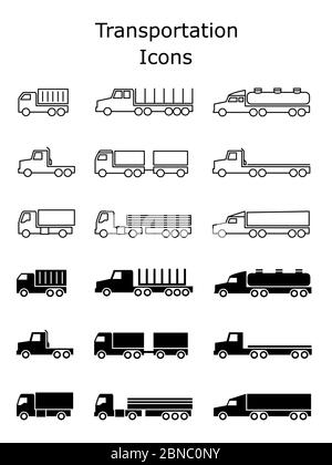 Symbole für den Transport. Lieferanhänger, Frachttrukcs, Dumper und Van Vektor-Illustration isoliert auf weiß Stock Vektor