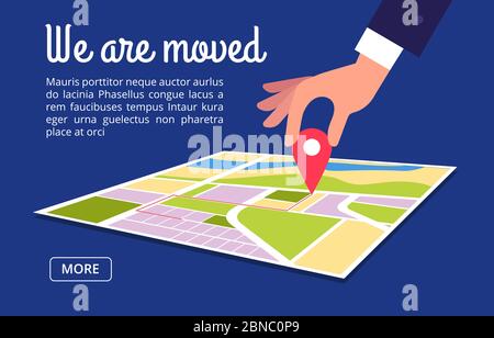 Bewegliches Konzept. Adresse ändern, neue Position auf Navigationskarte Vektor Hintergrund. Illustration von wir verschoben Navigation Banner Stock Vektor