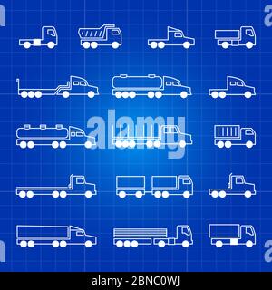 Weiße Symbole für die LKW-Linie. Transport Vektor Kontur isolierte Symbole in blauen Hintergrund Illustration Stock Vektor