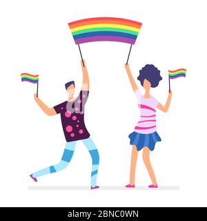 LGBT-Parade. Menschen mit Regenbogenfahnen. Mann und Frau Vektor-Charakter isoliert auf weißer Illustration Stock Vektor