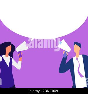 Mann und Frau mit Megaphon macht Nachricht Vektor Illustration. Marketing Werbung Cartoon Wohnung Stock Vektor