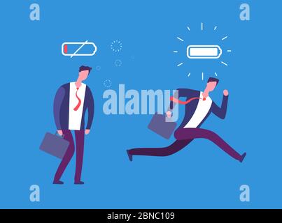 Voller Energie und müde Geschäftsmann. Leistungsstarke und flache Person mit voller Ladung und Akku. Business Vector Konzept. Business Mann niedrige Ladung Energie, müde männliche Illustration Stock Vektor