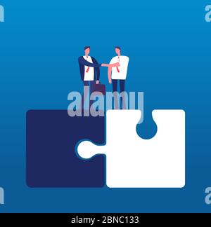 Geschäftsleute mit Puzzle. Mann Händeschütteln auf riesige Rätsel. Partnerschaft Zusammenarbeit und Erfolg Teamwork Vektor-Geschäftskonzept. Teamwork und Puzzle Partnerschaft, Handschlag und Zusammenarbeit Illustration Stock Vektor