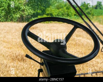 Weizenernte im Sommer. Blick aus der Kabine des Mähdreschers auf das Feld der Schnitzige. Goldene reife Weizen Ernte landwirtschaftliche Maschine Harvester auf Stockfoto