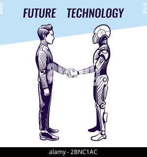 Konzept der künstlichen Intelligenz. Handshaking von Mensch und Roboter. Futuristische ai fortschrittliche Technologie Vektor Hintergrund. Roboter und menschliche Handshake Zusammenarbeit, Charaktere Handshake Illustration Stock Vektor