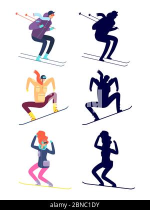 Junge Menschen, Jugendliche sind Wintersport auf weißem Hintergrund isoliert engagiert. Sport Menschen Skifahrer springen und Snowboard springen Illustration Stock Vektor