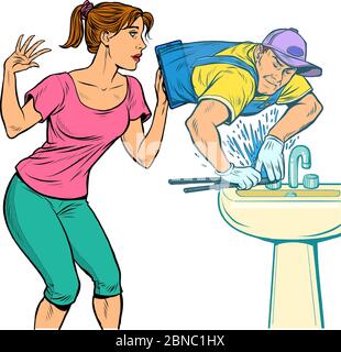 Fernarbeit Online-Hilfe. Ein männlicher Klempner behebt ein Leck Stock Vektor