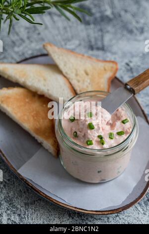 Lachs und weicher Cremekäse im Glas. Lachsrilletten, Mousse, Pastete und Toasts auf grauem Hintergrund Stockfoto