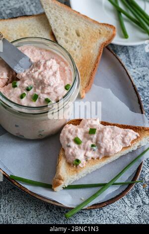 Lachs und weicher Cremekäse im Glas. Lachsrilletten, Mousse, Pastete und Toasts auf grauem Hintergrund Stockfoto