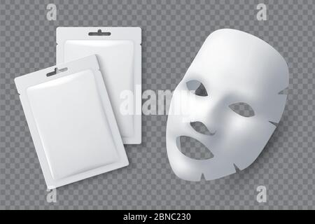 Kosmetische Gesichtsmaske. Feuchtigkeitsspendende Baumwolltuch für Frau Schönheit. Weiße Gesichtsreinigung Maske und Paket realistische 3d-Vektor-Mockup. Kosmetische Maske für Gesichtshaut weibliche Illustration Stock Vektor