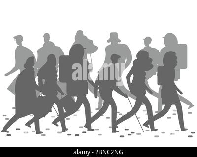 Menschen Silhouetten zu Fuß auf der Winter- oder Herbststraße. Graue Menschen gehen Silhouetten isoliert auf weißem Hintergrund. Vektorgrafik Stock Vektor