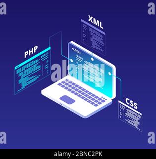 Codierungskonzept. Website-Entwicklung und App-Software-Programmierung mit Laptop und virtuellen Bildschirmen. HTML5 und php Code Vektor Hintergrund. Illustration des Programmiercodes php, Entwicklung der Programmierung Stock Vektor