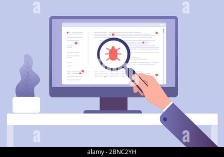 Computervirus Konzept. Hand mit Lupe Testsoftware. Bug Virus Symbol auf dem Computerbildschirm. Vektorgrafik. Suche Bug und Virus, Lupe Glas in der Hand Stock Vektor