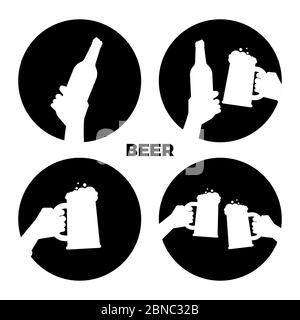 Vector Bier Symbole des Sets. Schwarz-weißes Bier in den Händen Silhouetten isoliert Illustration monochrom Stock Vektor