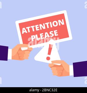 Zwei Cartoon Hände halten Achtung bitte Banner. Abbildung des Aufmerksamkeitsvektorkonzepts Stock Vektor