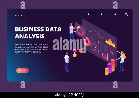 Datenoptimierung isometrisches Konzept. Person mit Analysediagramm. Business-Technologie, Zielseite für die Marktpositionierung. Illustration der Marketing-Analyse-Diagramm Stock Vektor