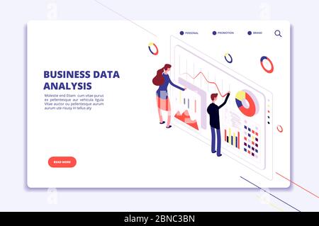 Datenanalyse. Die Mitarbeiter arbeiten an den Unternehmensfinanzdiagrammen. Statistische Überwachung. Big Data isometrisches Vektorkonzept. Abbildung der Business-Daten-Analyse 3d isometrisch Stock Vektor