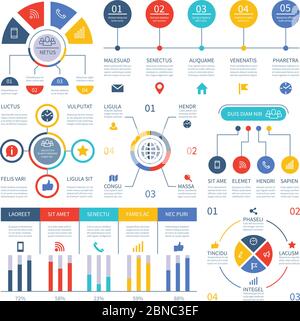 Infografiken für Präsentationen. Flussdiagramm Zeitstrahl Prozessdiagramm, Organisation Workflow, Anzahl Optionen Diagramme. Infografik Vektorset. Darstellung der Zeitleiste, Organisation und des Diagramms für Geschäftsschritte Stock Vektor