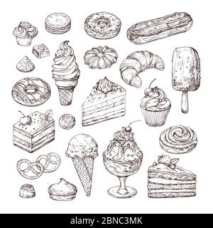 Dessert skizzieren. Kuchen, Gebäck und Eis, Apfelstrudel und Muffin im Vintage Gravur Stil. Hand gezeichnet Obst Desserts Vektor-Set. Illustration von Kuchen mit Sahne, Dessert Skizze, Gebäck süß Stock Vektor