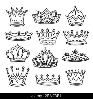 Handgezeichnete Kronen. König, Königin Doodle Krone und Prinzessin Tiara. Vintage Royal Skizze isolierte Vektor-Symbole. Kronenskizze für König und Prinzessin, Königin und Prinz Illustration Stock Vektor