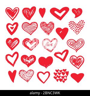 Herzen skizzieren. Romantische Doodle Liebe Elemente. Hearted Shapes Valentinstag Vektor-Symbole. Illustration der Herzform Zeichnung Stock Vektor