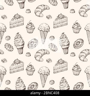 Skizze Dessert nahtlose Hintergrund. Kuchen Süßigkeiten Cupcake und Eis Hand gezeichnet Vektor Verpackung Textur. Illustration von Cupcake und Dessert, Süßspeisen und Schokolade Stock Vektor