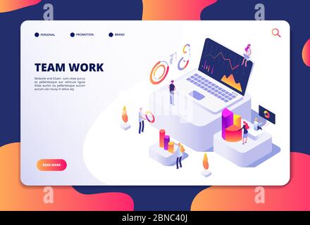 Teamarbeitskonzept. Die Mitarbeiter arbeiten mit Finanzdiagrammen und -Diagrammen. Analyse und Optimierung von Geschäftsdaten. Vektordesign für Landing Web-Seiten. Seite für die Teamarbeit im Unternehmen mit Grafik-Grafik Stock Vektor