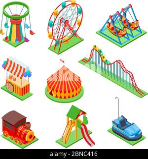 Vergnügungspark isometrische Elemente. Riesenrad und Zirkuszelt, Popcornstand und Achterbahn. Vektor-Set von Vergnügungspark, Zirkuszelt und Karussell Illustration Stock Vektor