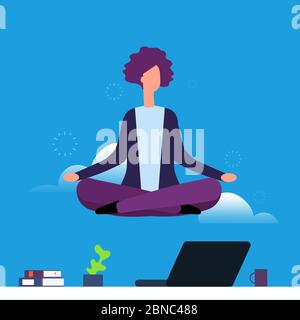 Geschäftsfrau, die Yoga und Meditation macht. Mädchen hängt in Lotushaltung über dem Schreibtisch. Frau Yoga Pose Lotus, Meditation und Entspannung Illustration Stock Vektor