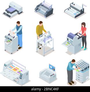 Ausrüstung der Druckerei. Drucker Plotter, Offset-Schneidemaschinen und Mitarbeiter. Industrielle Polygraphie isometrische Vektorsymbole. Abbildung des Gerätedruckers und des Polygraphiegeräts Stock Vektor