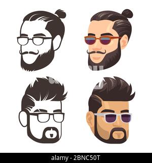 Mode männlichen Haarniedlich und rasiert Bart. Hipster Friseur Shop Logo Vektor Design Illustration isoliert auf weiß Stock Vektor