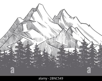 Handgezeichnete Naturlandschaft mit Bergen und Fores Silhouette. Berglandschaft und Abenteuer Outdoor-Reise Illustration Stock Vektor