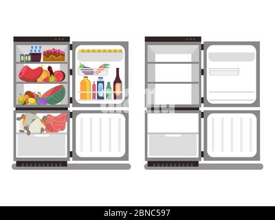Gefüllt mit Lebensmitteln und leeren Kühlschränken Cartoon Vektor isoliert auf weißen flachen Stil Stock Vektor
