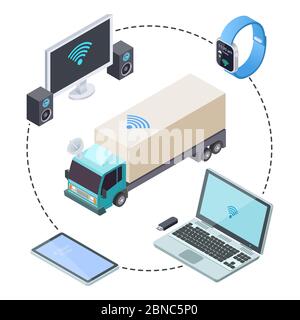 Echtzeit-Tracking für Ihre Fracht-LKW isometrische Vektor-Illustration Stock Vektor